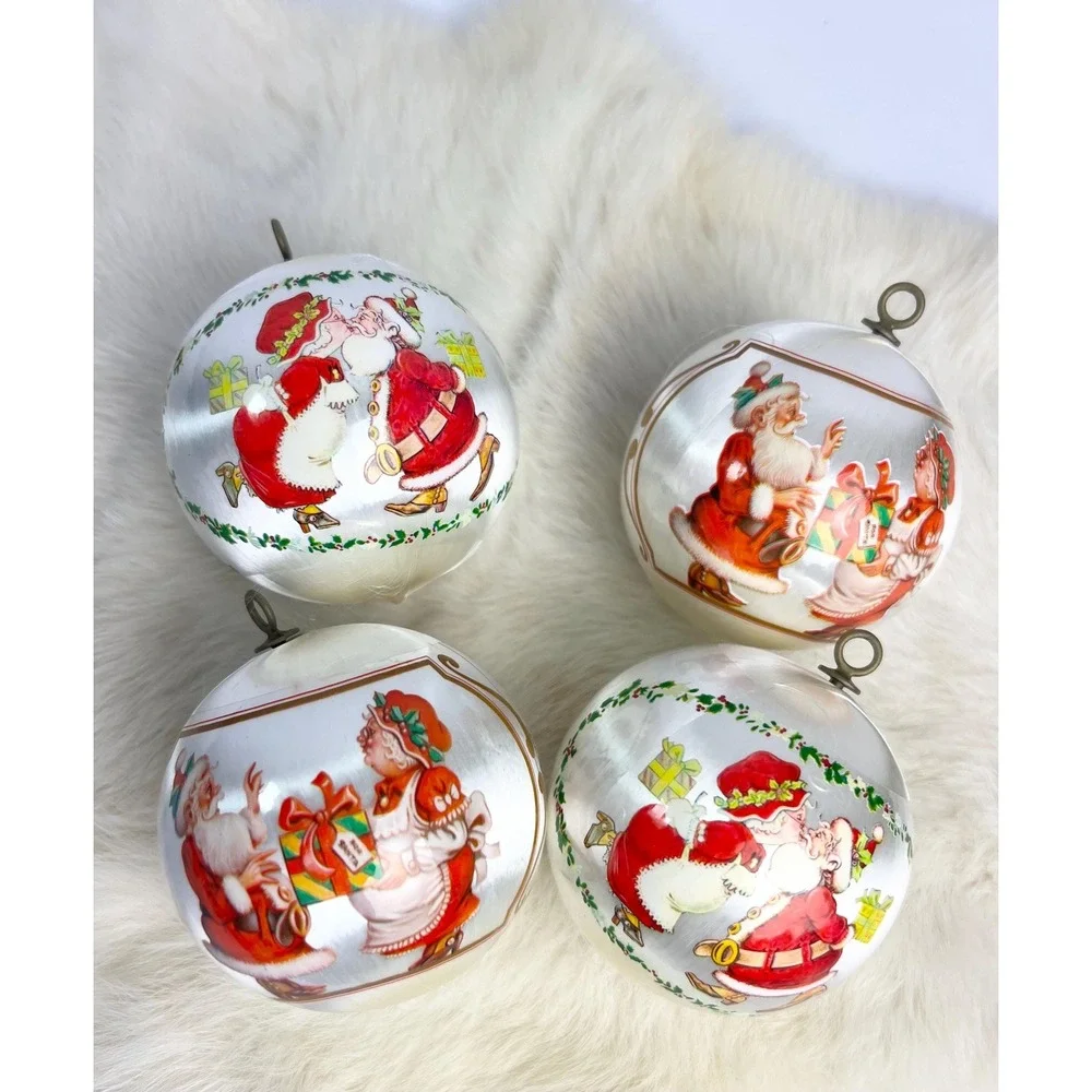 Vintage Satin Ball Ornaments Santa Kissing Mrs Claus Christmas set of 4